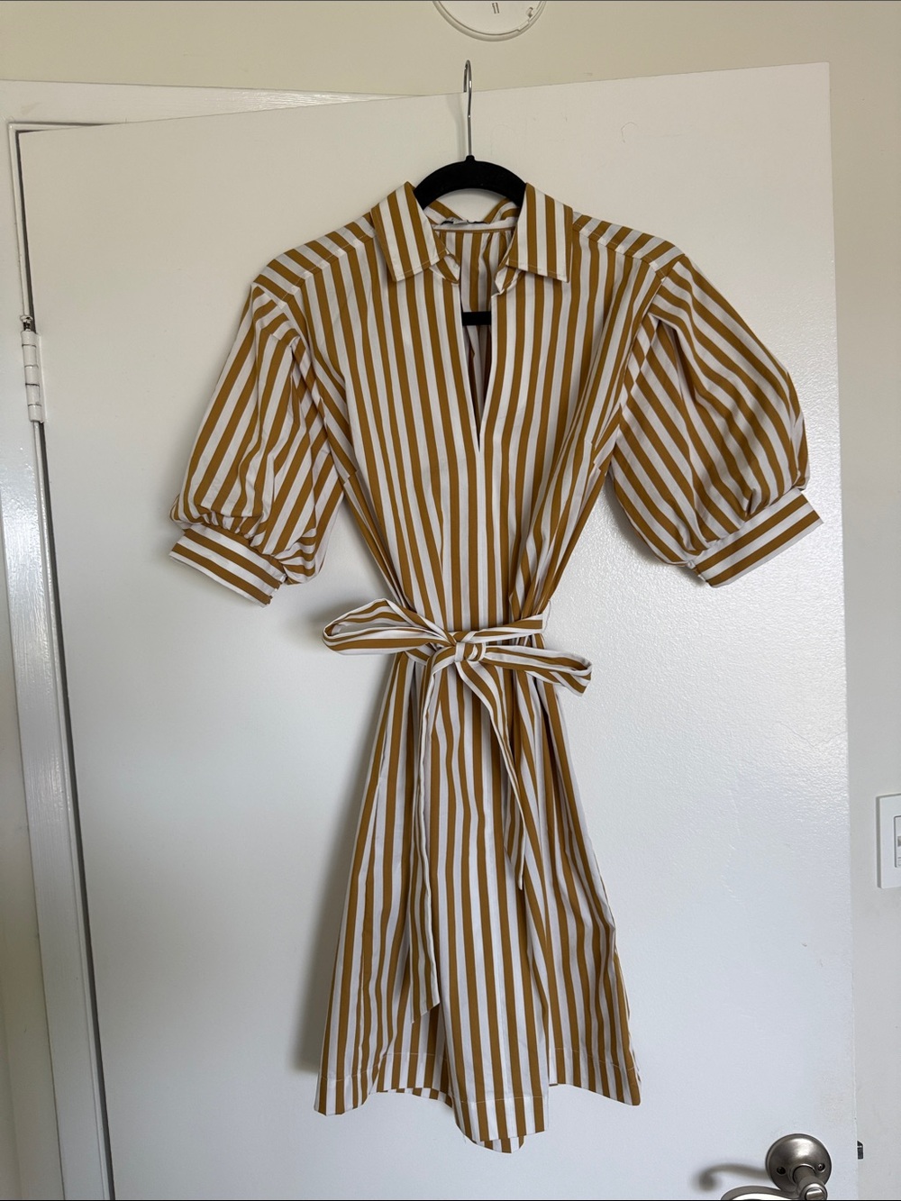 AYR Mustard and White Striped Midi Shirt Dress